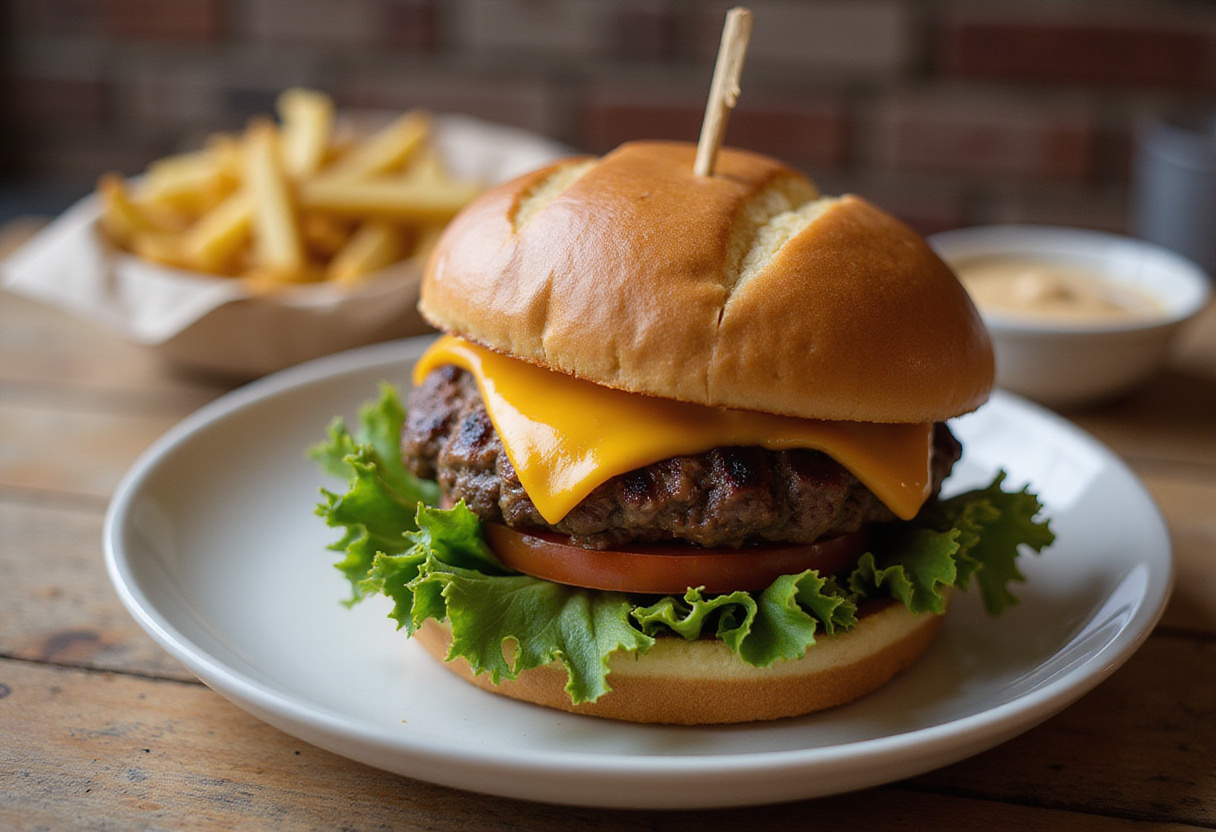 Delicious Crack Burger served with fries and dipping sauce on a wooden table, showcasing its mouth-watering ingredients.