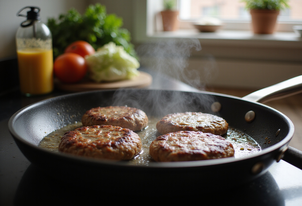 Cooking burgers in a frying pan for Crack Burgers with fresh vegetables and condiments in the kitchen background.
