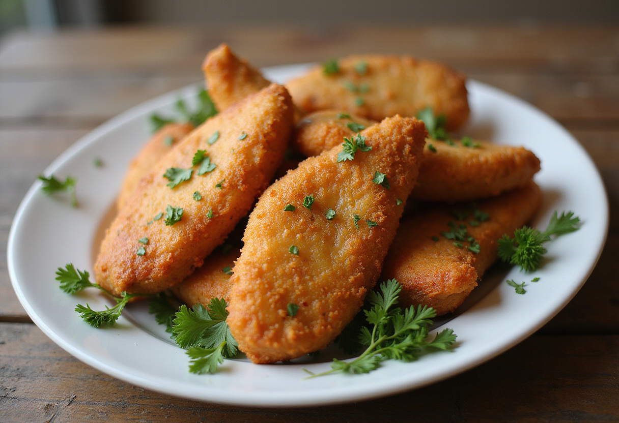 Presenting crispy crack chicken tenders on a plate, ready to be served with a tasty dipping sauce.