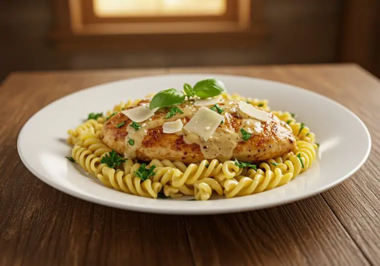 Delicious Creamy Garlic Parmesan Chicken with Cheesy Twisted Pasta beautifully plated for a memorable meal experience.