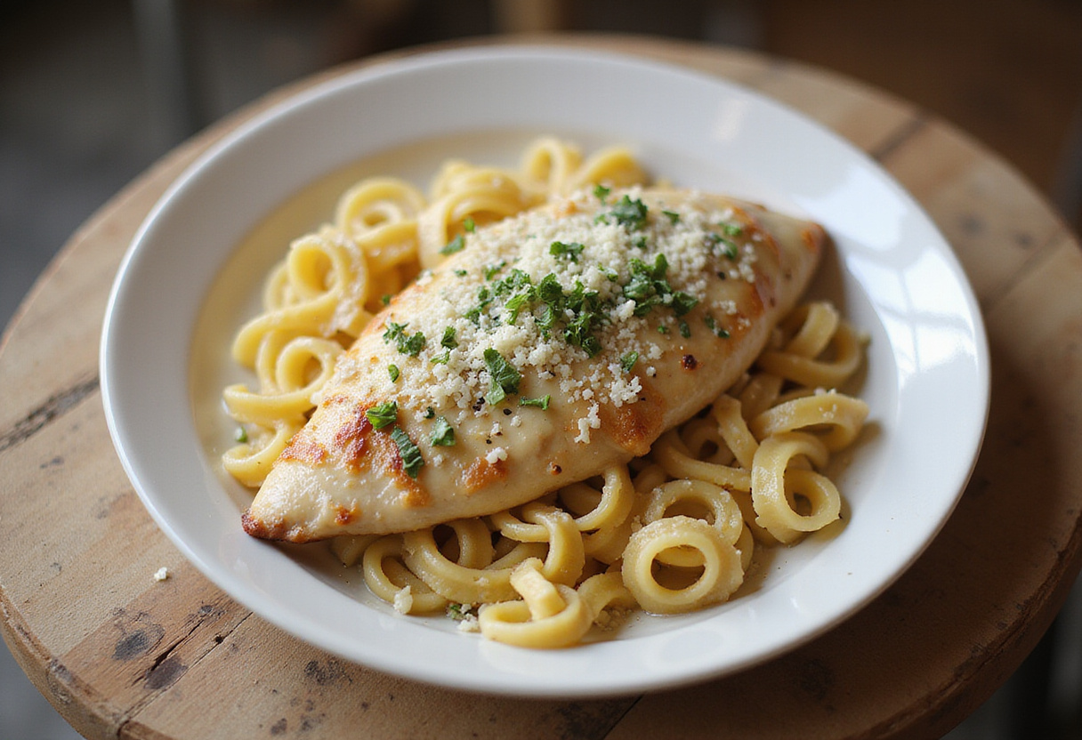 Delicious Creamy Garlic Parmesan Chicken with Cheesy Twisted Pasta beautifully plated for a memorable meal experience.