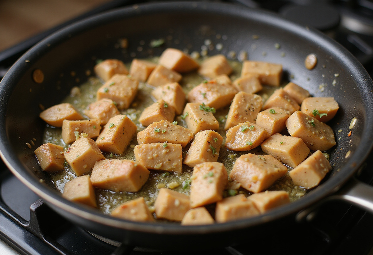 Adding seasoned chicken breasts to a pan for Creamy Garlic Parmesan Chicken with a perfect sear on the meat.