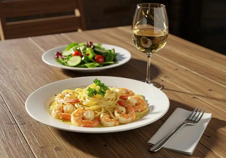 final presentation of creamy garlic shrimp with pasta, elegant dining setup, delicious seafood dish served beautifully