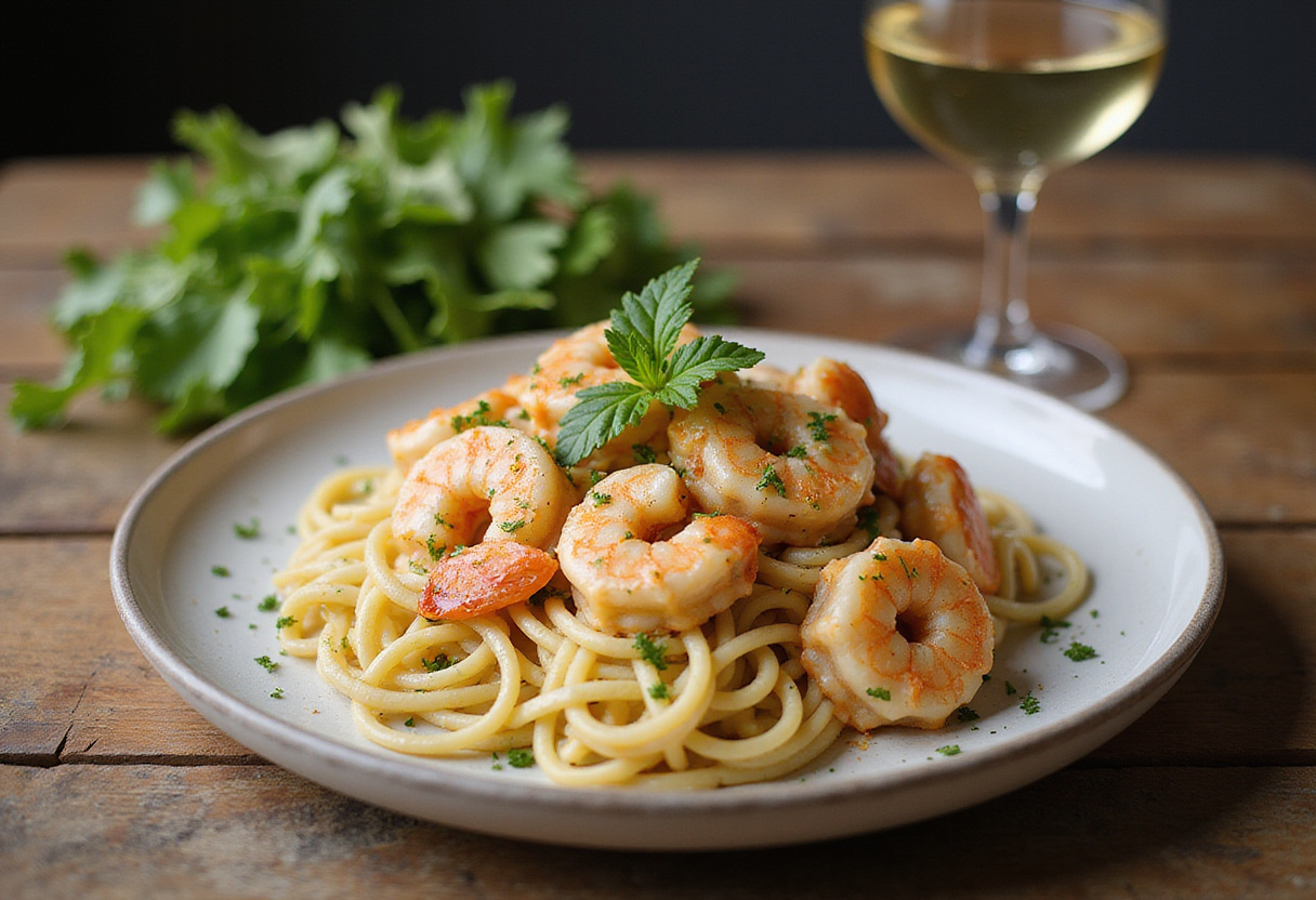 final presentation of creamy garlic shrimp with pasta, elegant dining setup, delicious seafood dish served beautifully