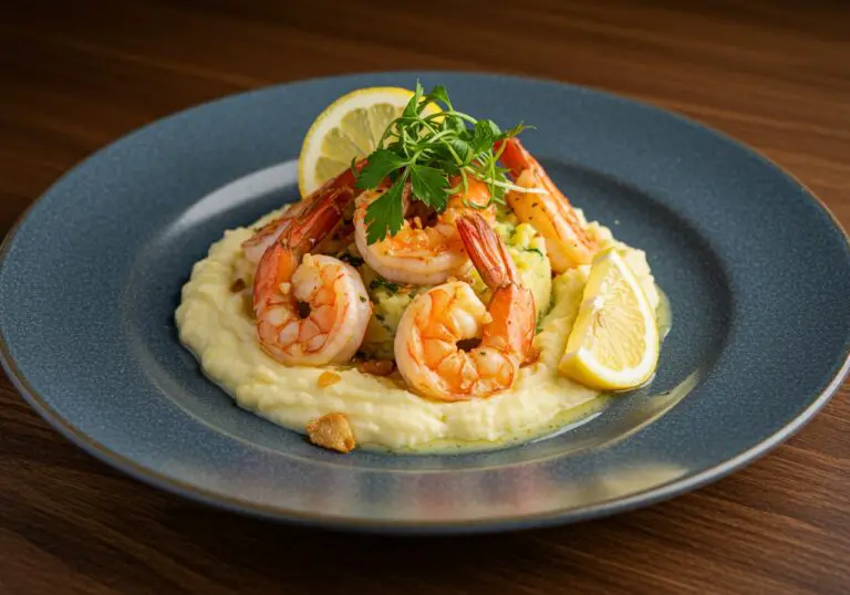 Final presentation of creamy garlic shrimp over mashed potatoes, beautifully garnished for a delicious meal, vibrant and inviting dish.