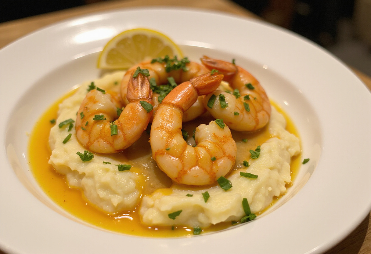 Final presentation of creamy garlic shrimp over mashed potatoes, beautifully garnished for a delicious meal, vibrant and inviting dish.