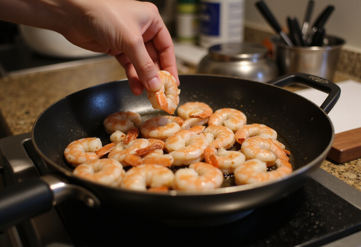 Cooking shrimp in garlic butter for creamy garlic shrimp dish, vibrant colors, kitchen ambiance, fresh seafood.