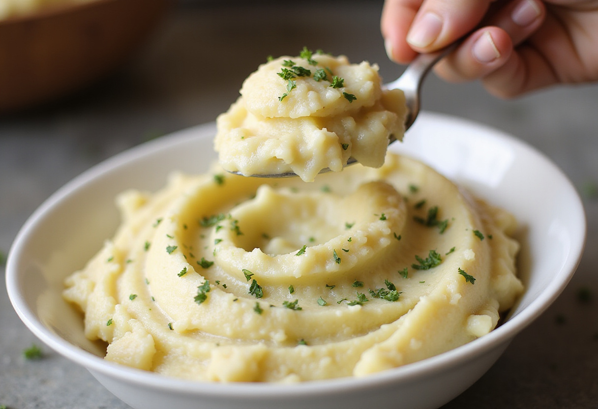 Spoonful of creamy mashed potatoes, essential element in creamy garlic shrimp recipe, garnished with fresh herbs.