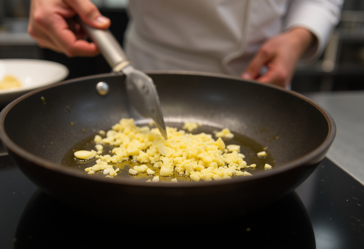 minced garlic being sautéed in olive oil for creamy garlic shrimp recipe, vibrant kitchen setting, cooking techniques