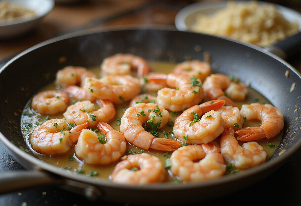 cooking shrimp for creamy garlic shrimp, vibrant kitchen scene, seafood cooking process, shrimp turning pink