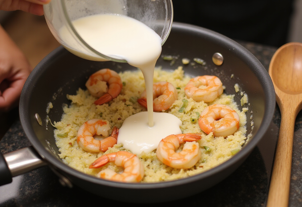 pouring cream to make creamy garlic shrimp, texture of sauce developing in the pan, cooking process in vibrant kitchen