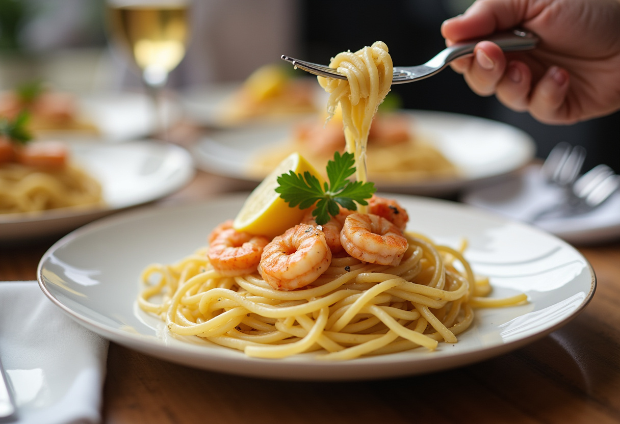 plated creamy garlic shrimp over pasta, garnished with parsley and lemon, food presentation in kitchen setting