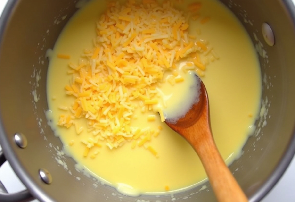 Creating the rich cheese sauce for Creamy Honey Pepper Chicken Mac and Cheese Delight, delivering a creamy texture.