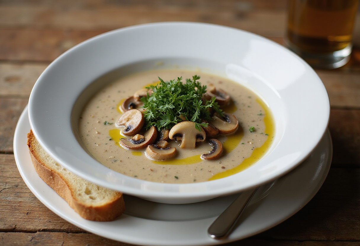Delicious creamy mushroom soup served in a bowl, garnished with fresh parsley, showcasing a comforting and elegant dish.