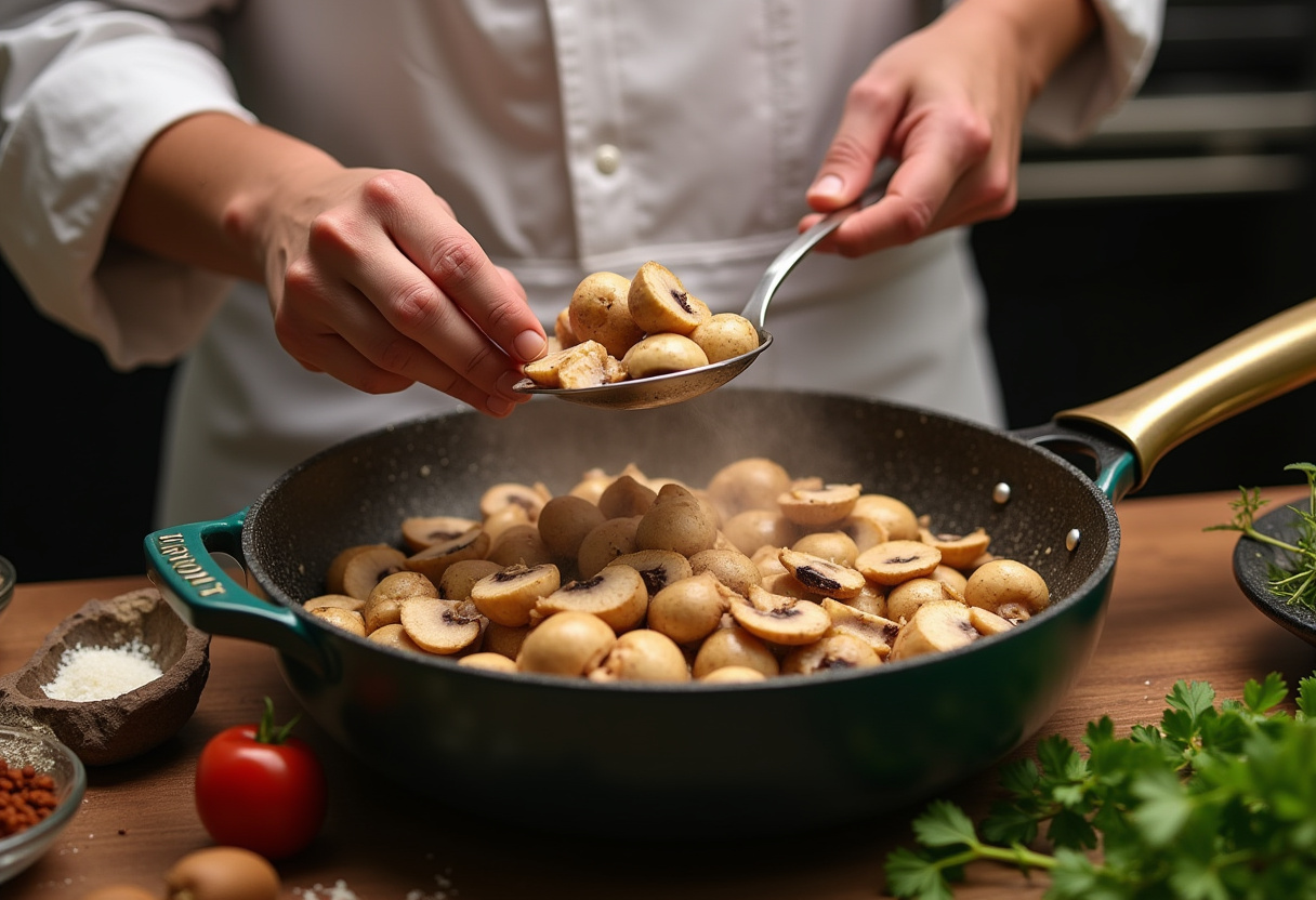 Fresh mushrooms sautéed with onions and garlic, creating a flavorful base for creamy mushroom soup, a delicious comfort dish.