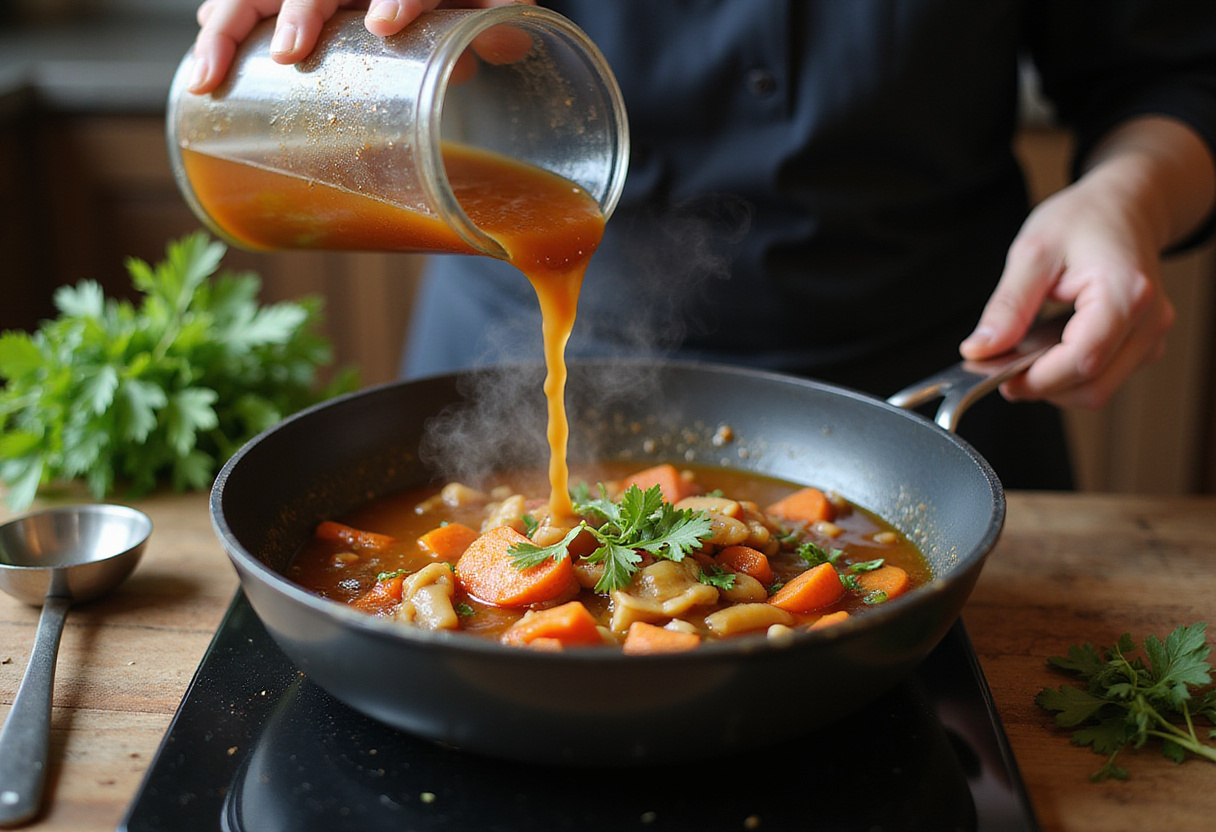 Adding vegetable broth to the sautéed mixture, essential for creating a rich and creamy mushroom soup perfect for chilly days.