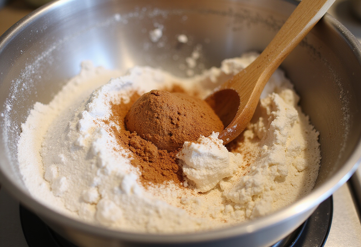 Mixing flour, sugar, and cinnamon for crispy air fryer churro bites recipe, delicious dough preparation.