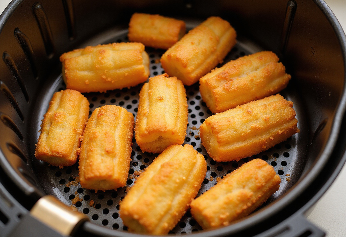 Air fryer basket filled with churro bites, ready for cooking, aiming for a crispy golden perfection.