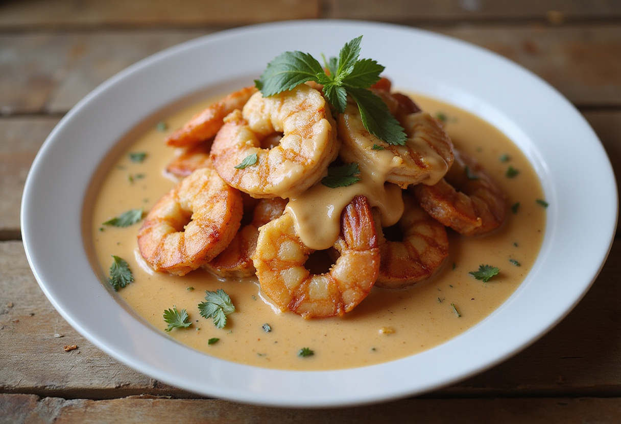 Delicious crispy Cajun shrimp served with a creamy sauce, an eye-catching seafood dish perfect for any occasion.