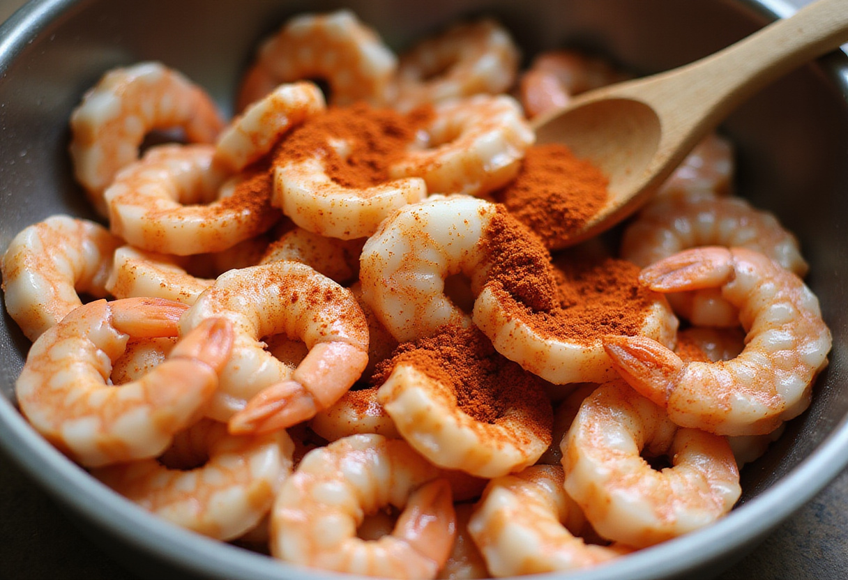Preparing crispy Cajun shrimp by seasoning shrimp with blend of spices for a flavorful dish.