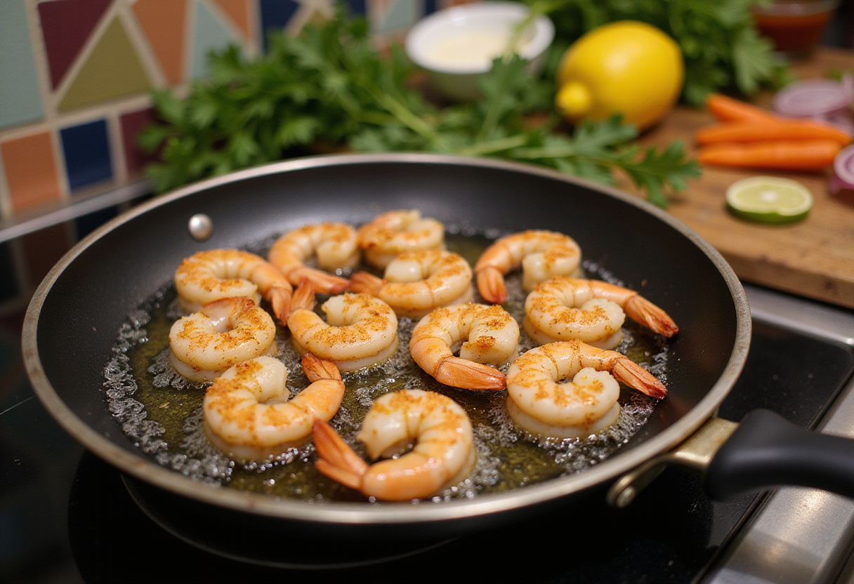 Cooking Cajun shrimp in a hot pan, achieving a crispy texture for a delicious seafood dish with spices.
