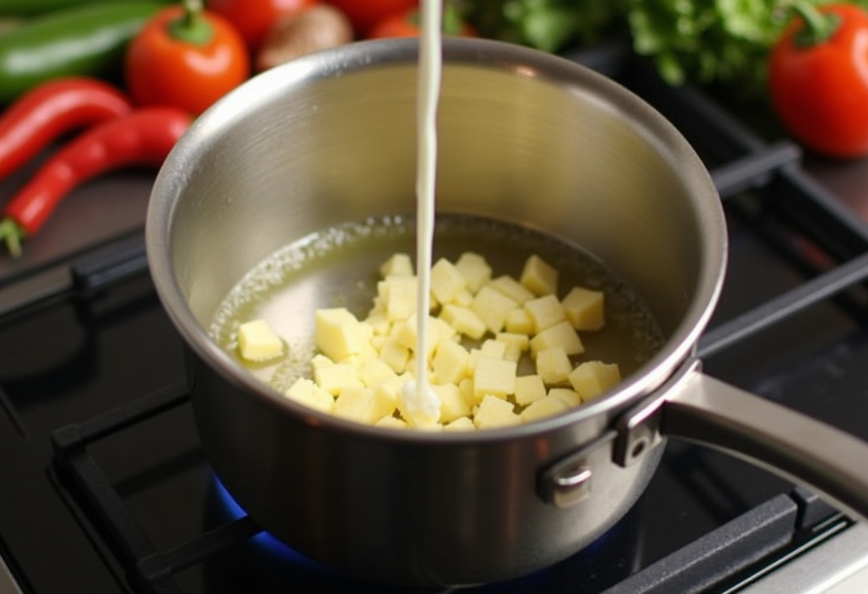 Making a creamy sauce for shrimp by combining garlic, butter, and heavy cream for an indulgent finish.