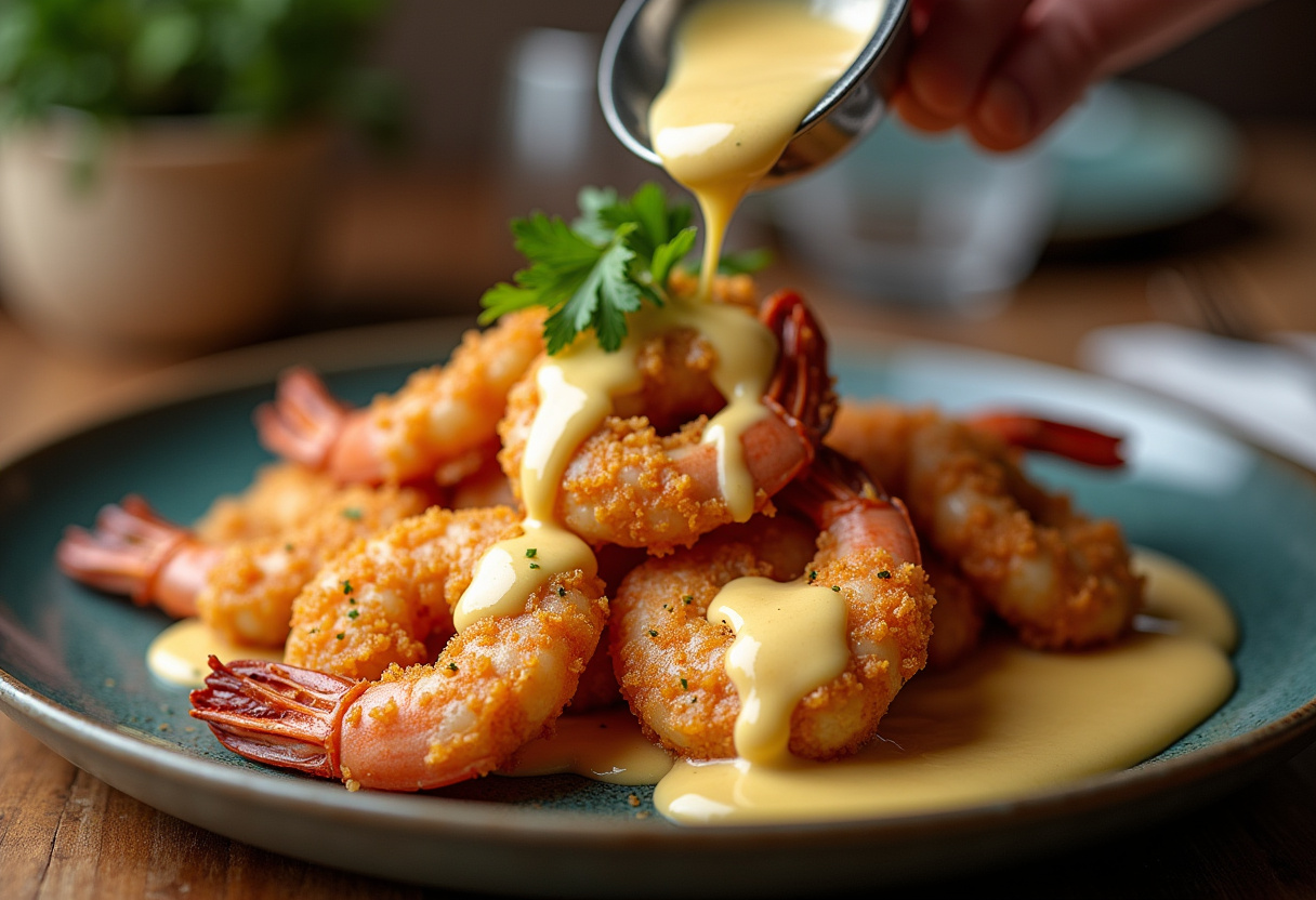 Plating crispy Cajun shrimp with creamy sauce and fresh parsley for an appealing seafood dish.