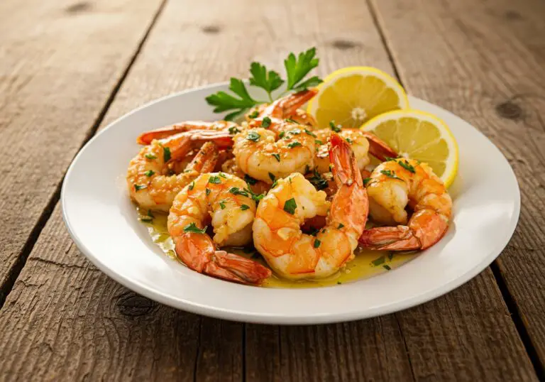 Delicious golden-brown crispy garlic butter air fryer shrimp, elegantly garnished and ready to serve.