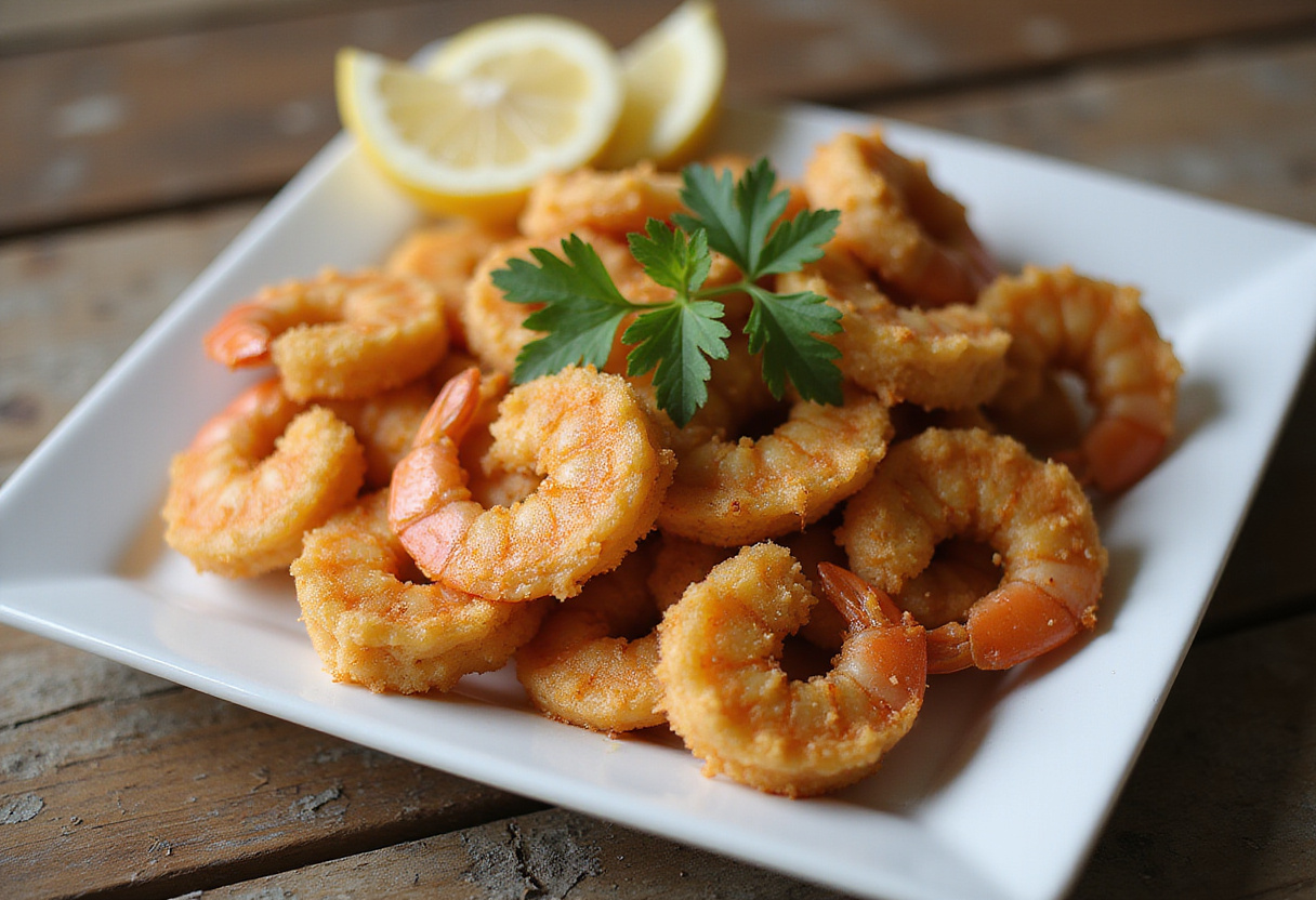 Delicious golden-brown crispy garlic butter air fryer shrimp, elegantly garnished and ready to serve.