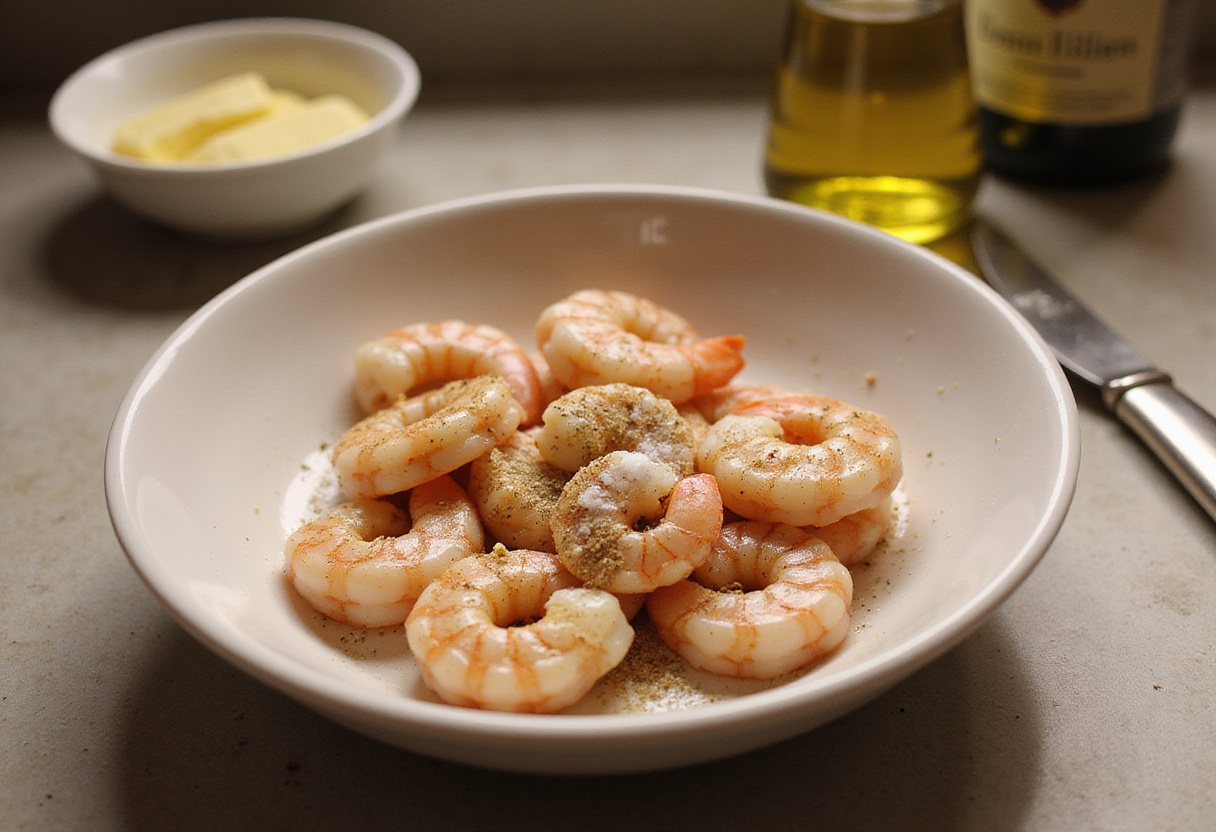 Seasoning shrimp with garlic powder, salt, and pepper for a crispy garlic butter air fryer shrimp recipe.
