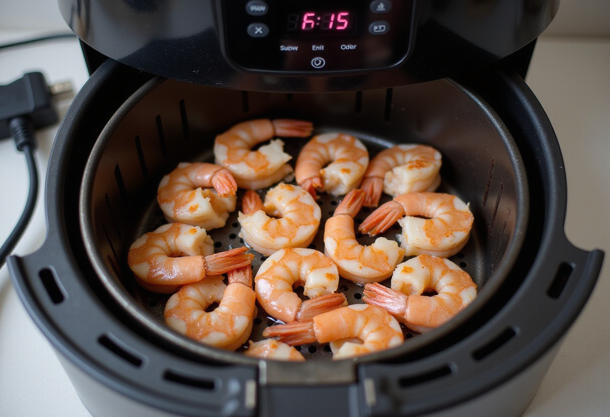 Arranging shrimp in an air fryer basket, preparing for cooking crispy garlic butter air fryer shrimp.