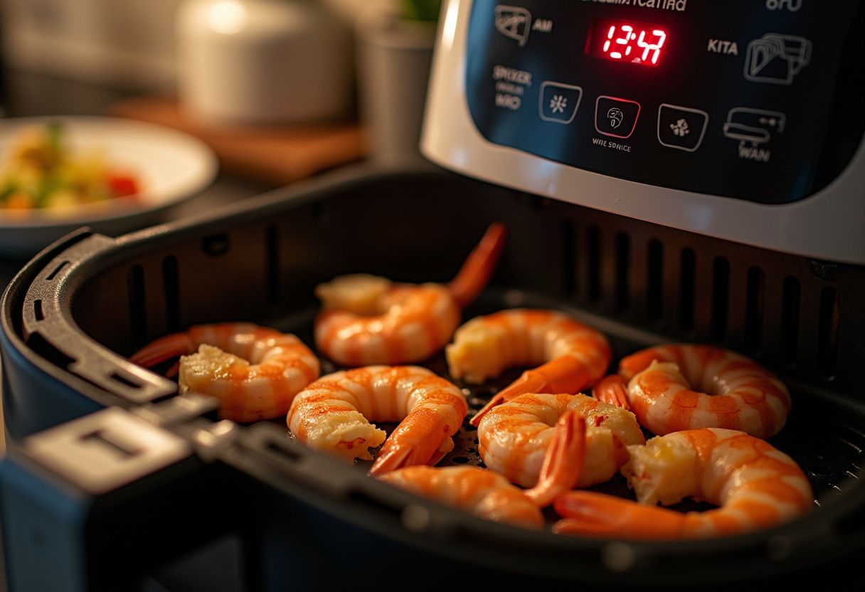 Cooking process of crispy garlic butter air fryer shrimp in an air fryer, enhancing flavors and crispiness.