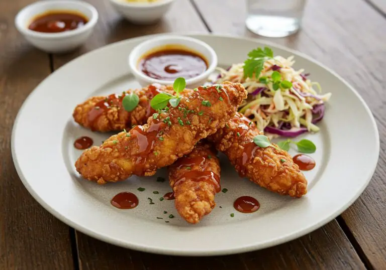 Finished plate of crispy honey BBQ chicken strips, highlighting the sweet and smoky flavors, perfect for any meal, served attractively with coleslaw.