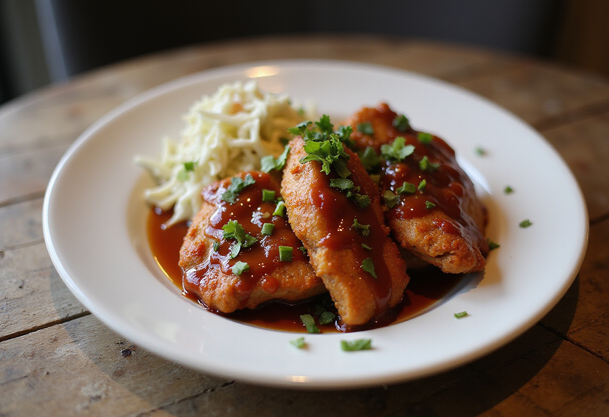 Finished plate of crispy honey BBQ chicken strips, highlighting the sweet and smoky flavors, perfect for any meal, served attractively with coleslaw.