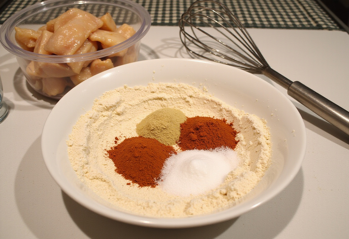 Preparation of crispy honey BBQ chicken strips with seasoned flour mixture, showcasing sweet smoky flavors and irresistible coating.