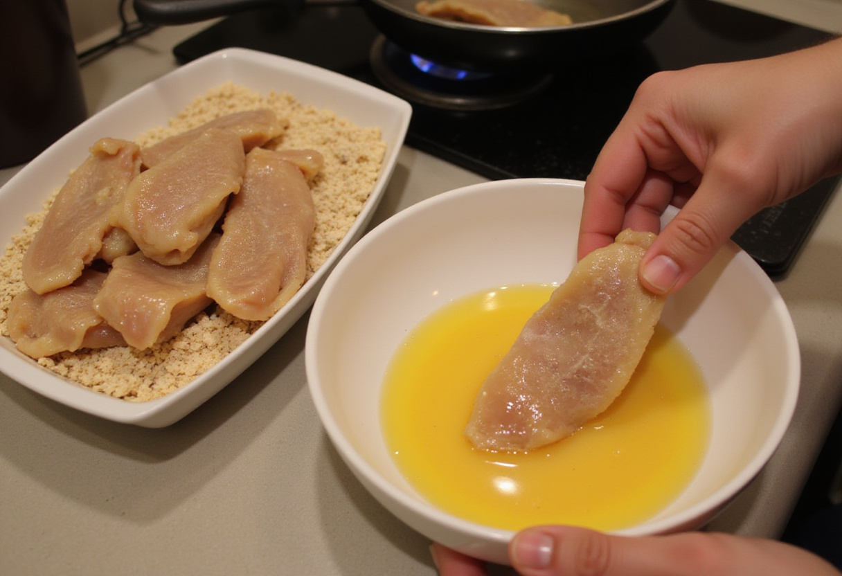 Dipping chicken strips in egg batter for crispy honey BBQ chicken strips, highlighting the process of making flavorful and crunchy chicken.