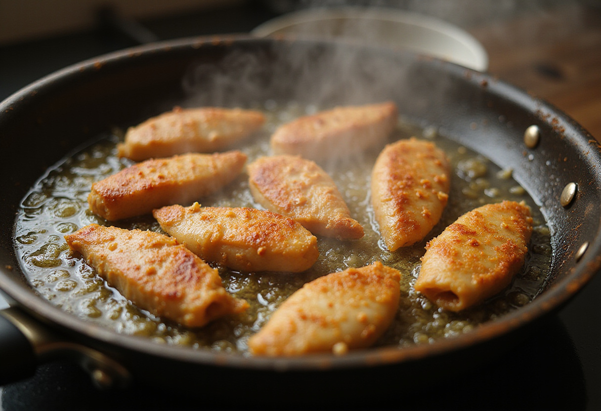 Frying chicken strips for crispy honey BBQ chicken, emphasizing the golden brown color and delicious aroma of frying in hot oil.
