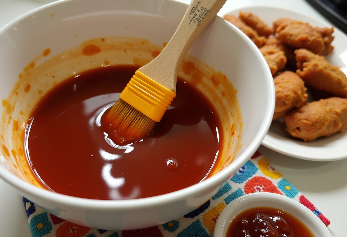 Preparing honey BBQ sauce for crispy chicken strips, showcasing flavorful ingredients and the delicious coating process.