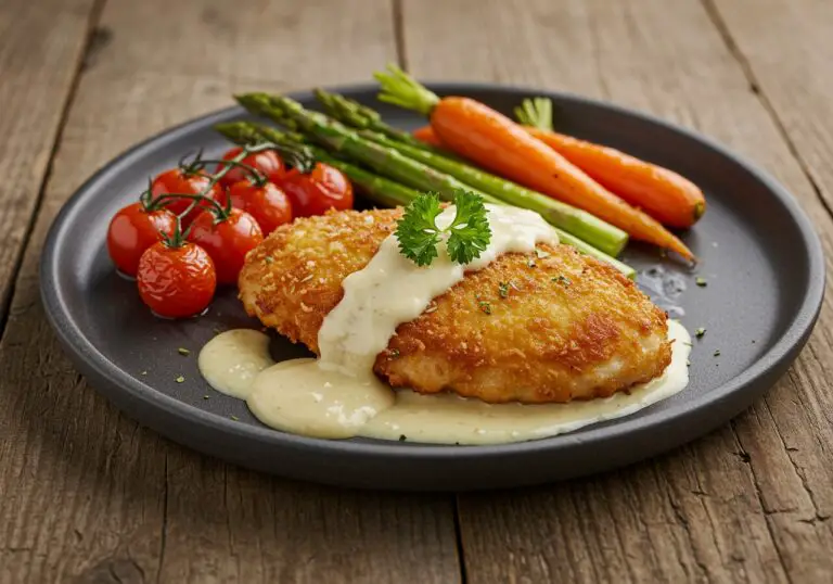 Elegant display of crispy Parmesan chicken with dreamy garlic cream sauce, served on a rustic table, ideal for delightful dinner presentations.