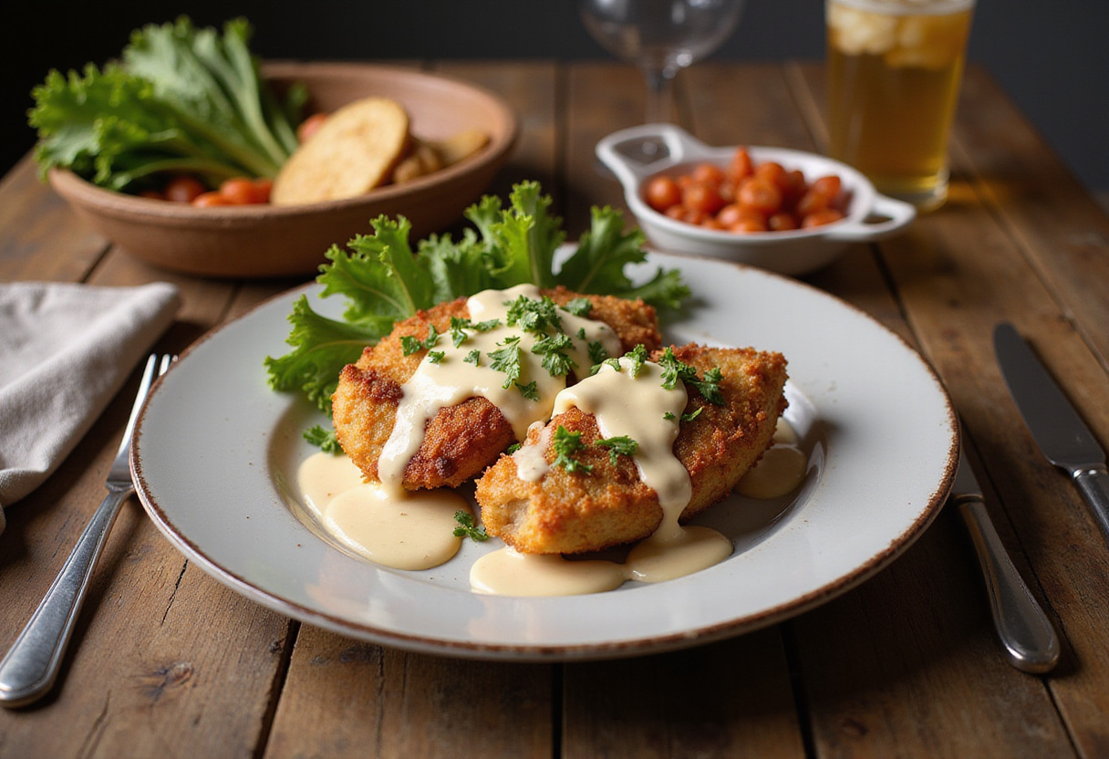 Elegant display of crispy Parmesan chicken with dreamy garlic cream sauce, served on a rustic table, ideal for delightful dinner presentations.