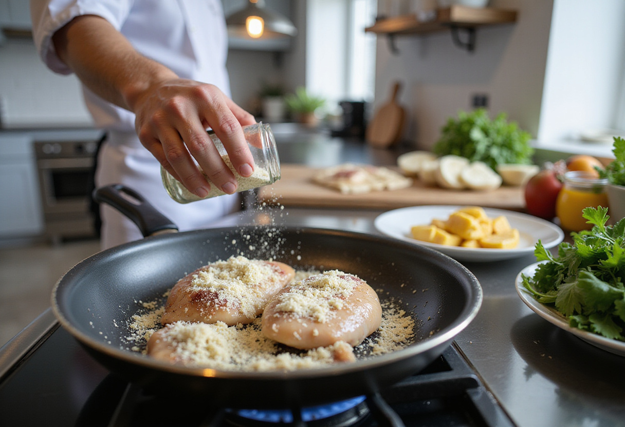 Seasoned chicken breasts with salt and pepper, preparing for crispy Parmesan chicken recipe in a contemporary kitchen.