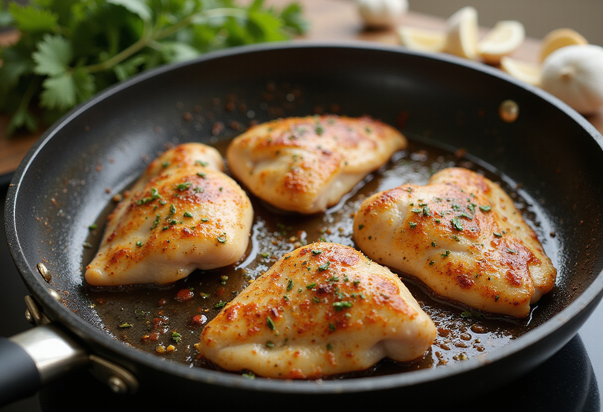 Chicken breasts frying in a pan, capturing the delightful aroma of crispy Parmesan chicken cooking with garlic and herbs.