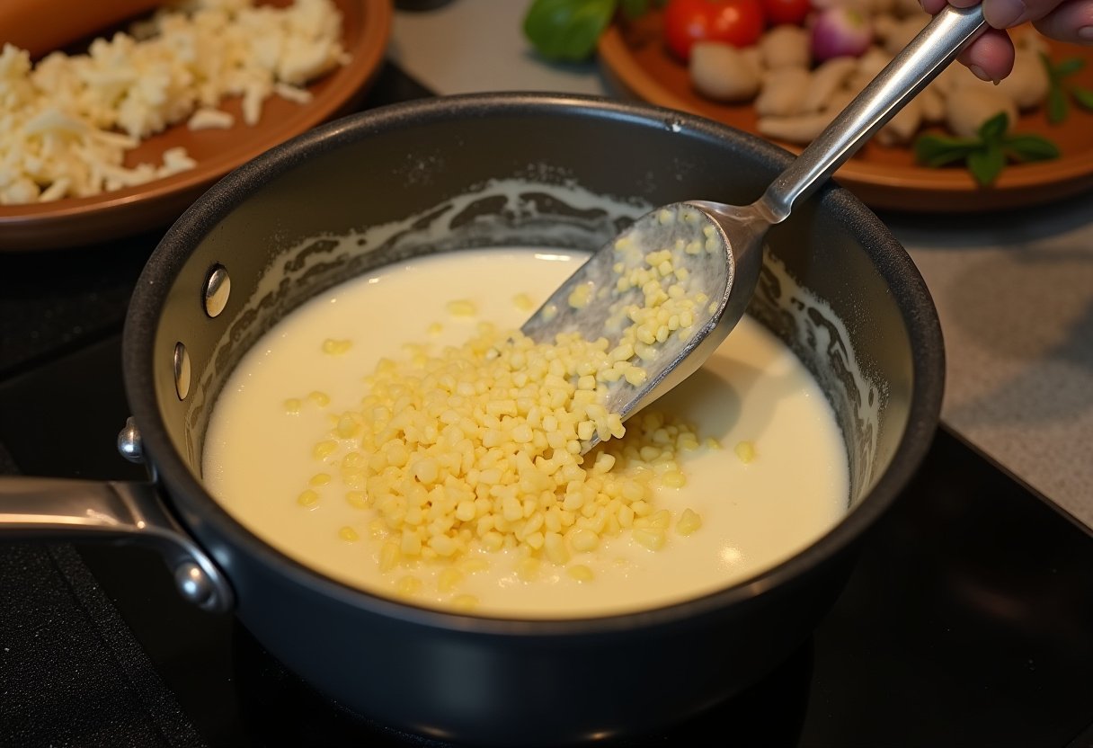 Creamy garlic sauce being prepared for crispy Parmesan chicken, blending garlic, cream, and cheese in a professional kitchen setting.