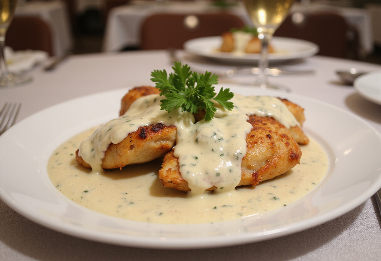 Plated crispy Parmesan chicken topped with garlic cream sauce and parsley in a beautifully set dining atmosphere.
