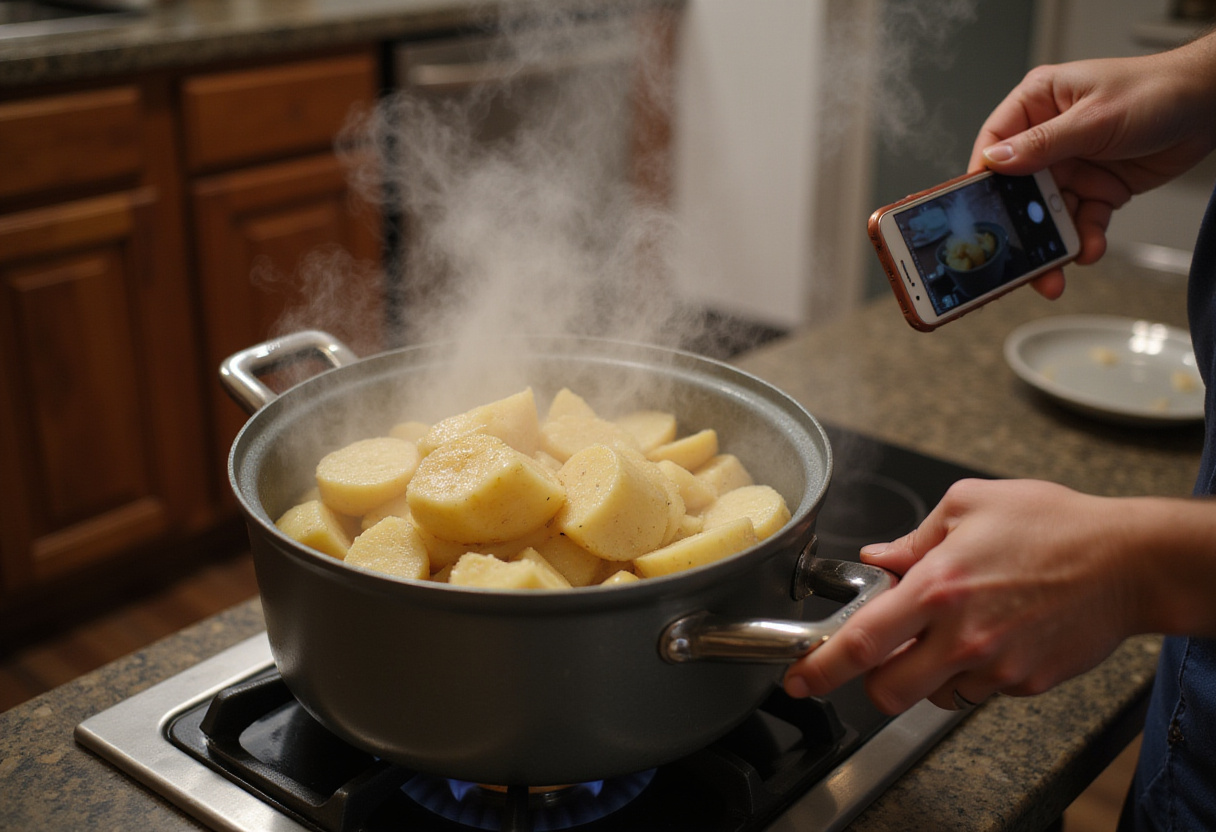 Peeled and chopped potatoes boiling for Easy Duchess Potatoes, perfect for a creamy and fluffy texture.