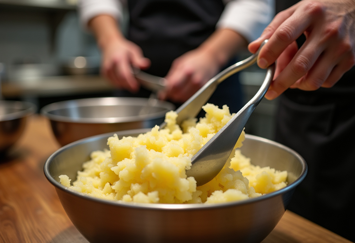 Mashing boiled potatoes for Easy Duchess Potatoes, creating a smooth and buttery base for the dish's unique texture.