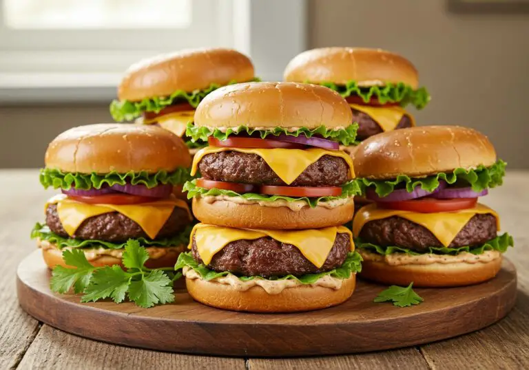 Delicious finished easy ground beef burgers on a wooden platter, perfect for any meal or gathering, showcasing a satisfying homemade burger experience.