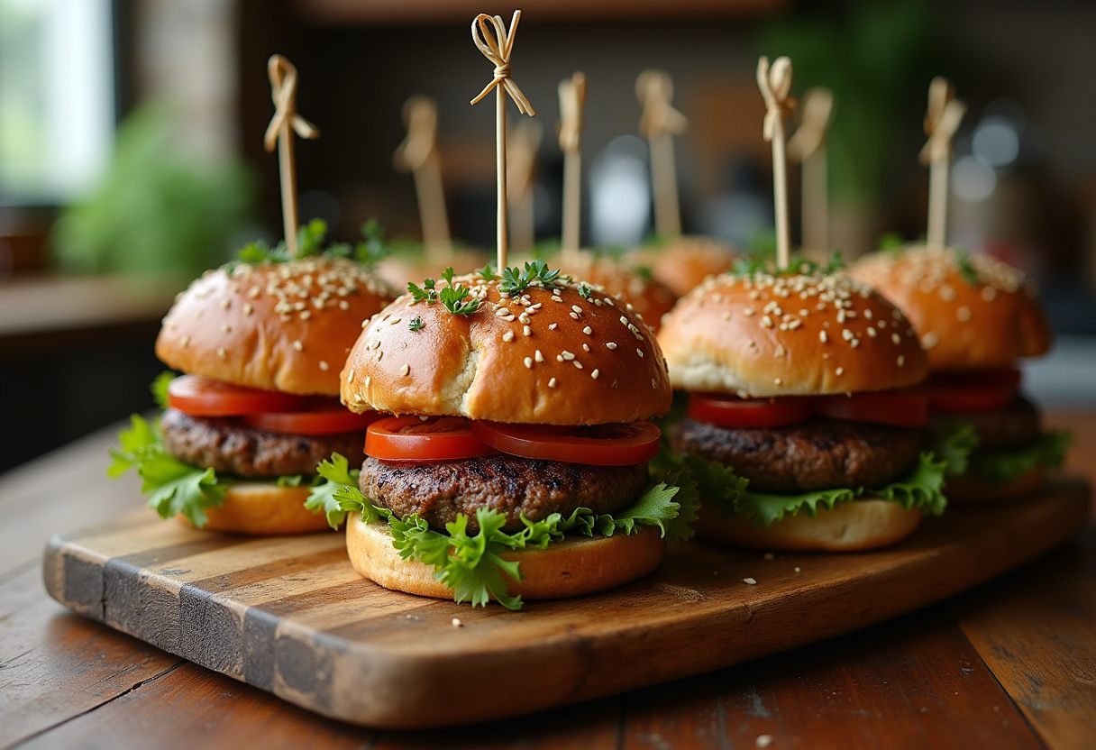 Delicious finished easy ground beef burgers on a wooden platter, perfect for any meal or gathering, showcasing a satisfying homemade burger experience.