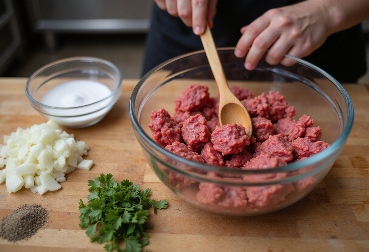 Ground beef and onions for the easy ground beef burger recipe, mixing seasonings for a delicious homemade burger.