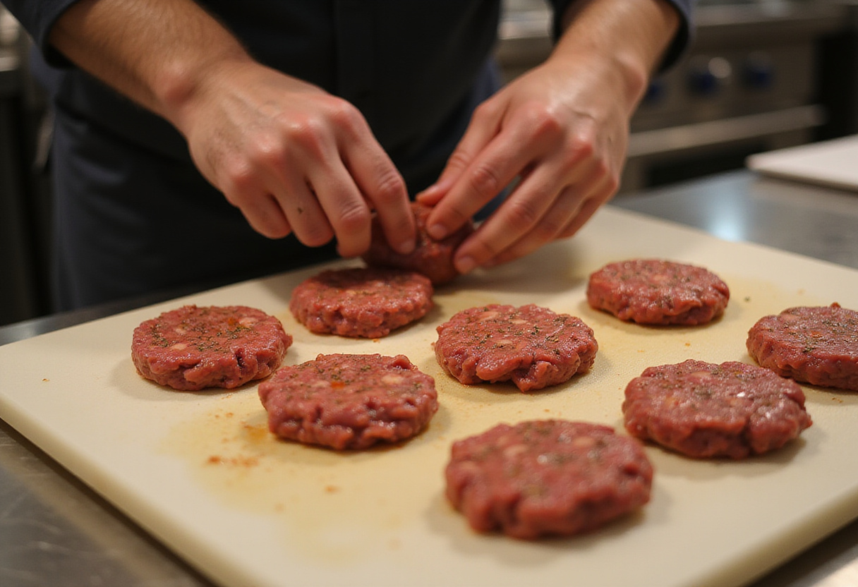 Shaping beef patties for an easy ground beef burger recipe, showcasing the perfect size and texture for grilling.
